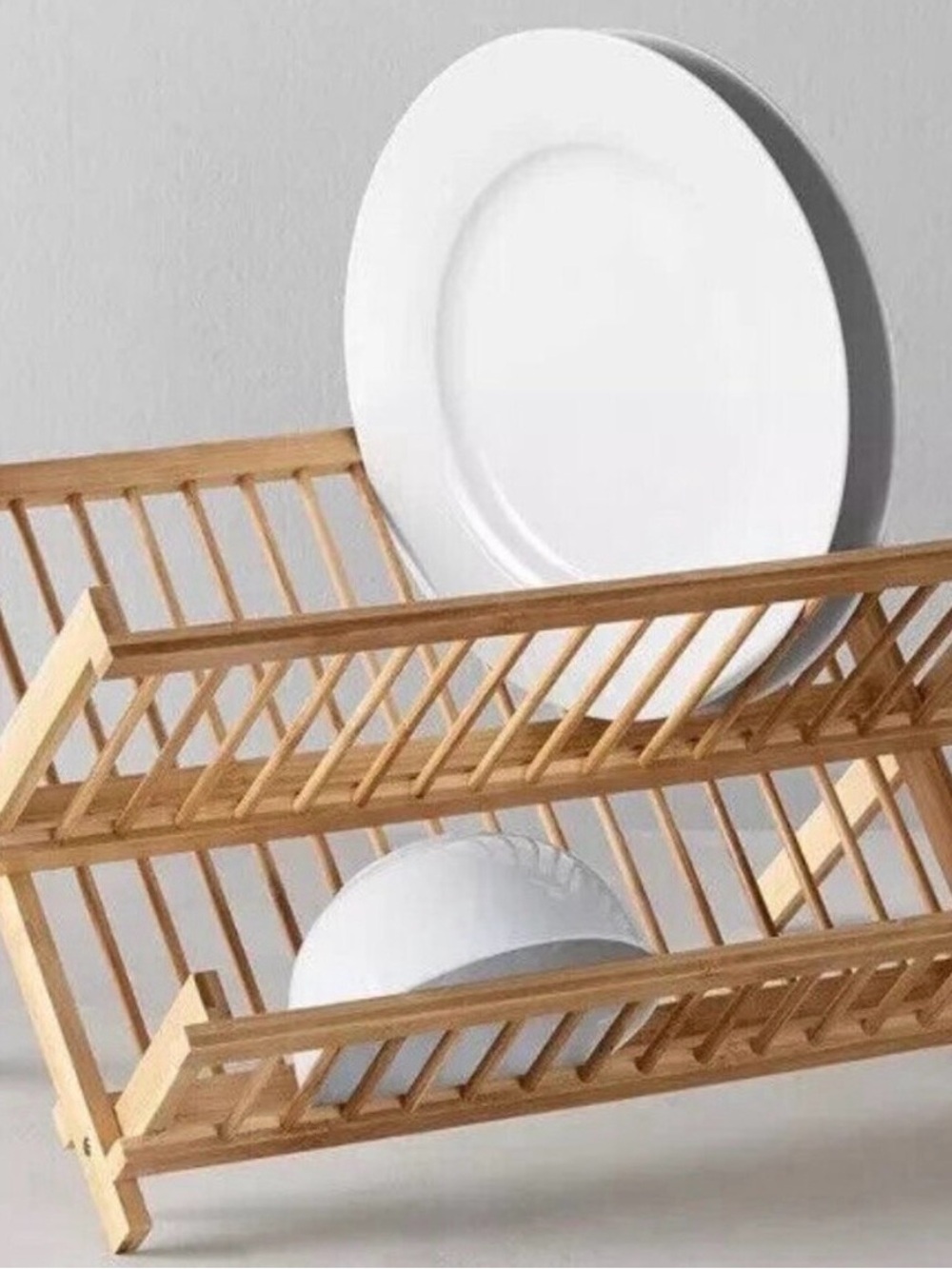 Bamboo Dish Drying Rack with White Plates